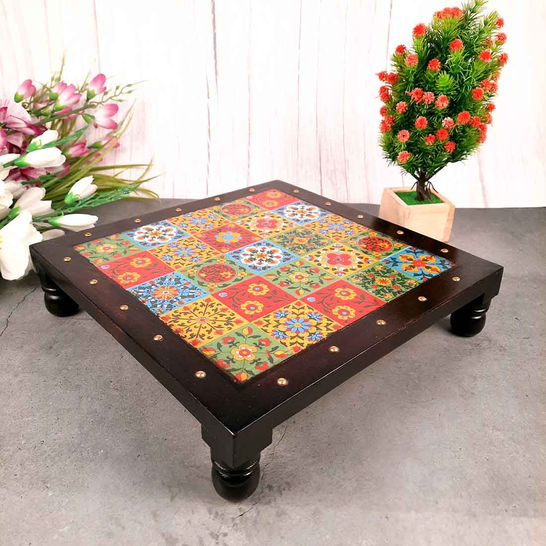 Wooden Chowki with Ceramic Tiles - For Pooja, Sitting & Home Decor  - Apkamart #Size_12 Inch
