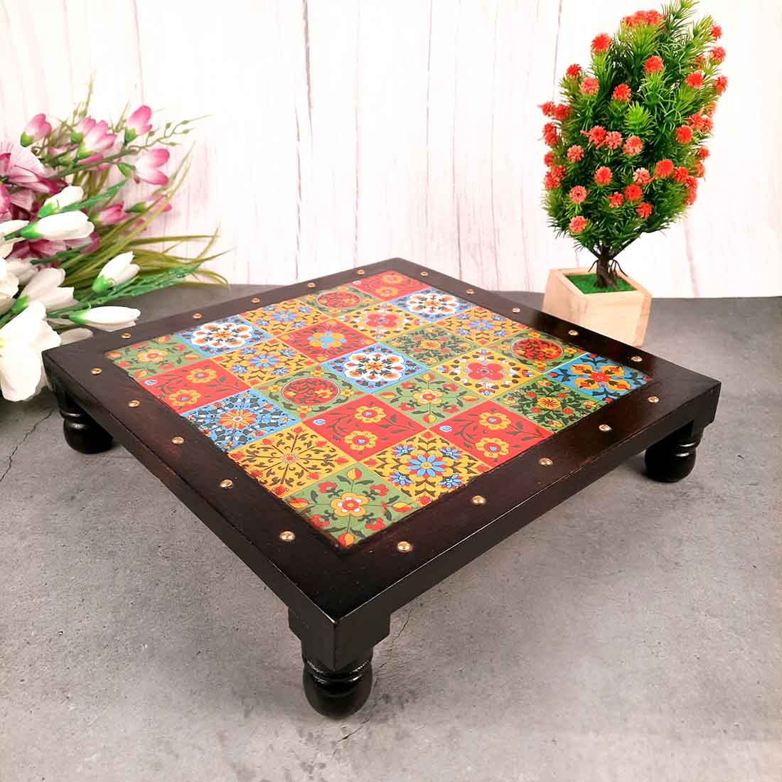 Wooden Chowki with Ceramic Tiles - For Pooja, Sitting & Home Decor - Apkamart #Size_12 Inch
