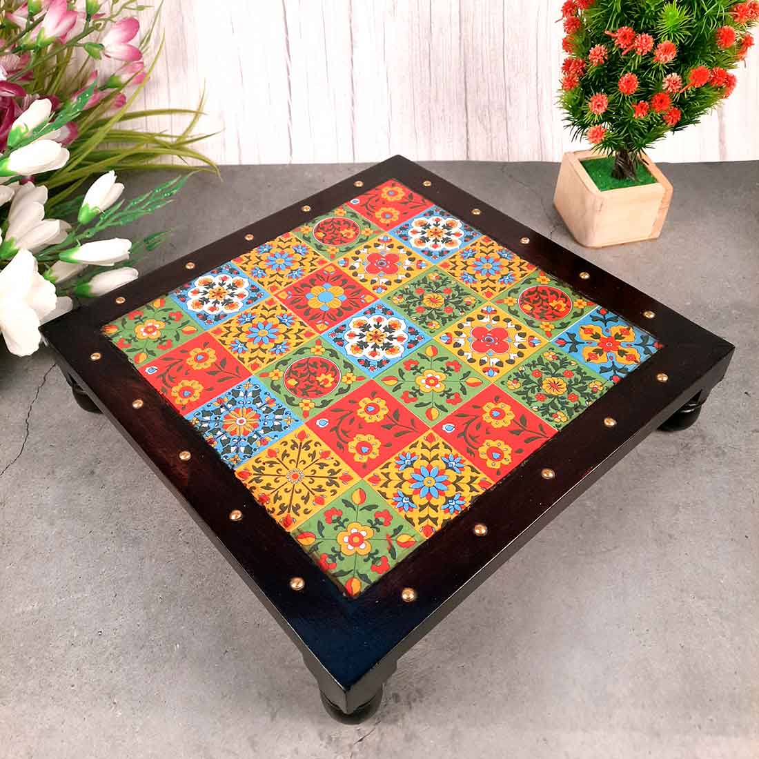 Wooden Chowki with Ceramic Tiles - For Pooja, Sitting & Home Decor - Apkamart #Size_12 Inch