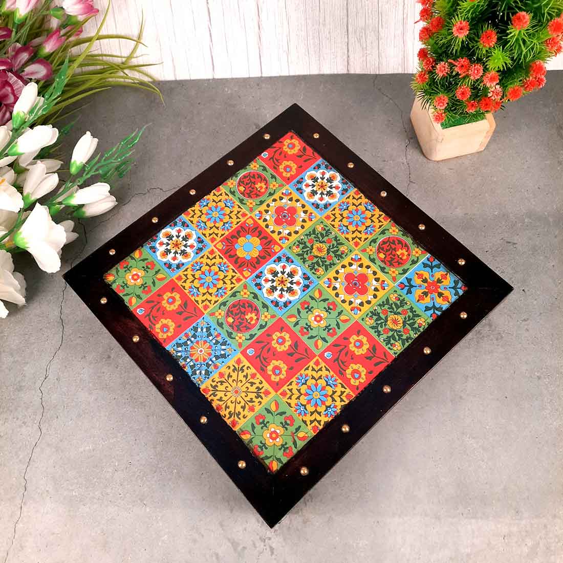 Wooden Chowki with Ceramic Tiles - For Pooja, Sitting & Home Decor - Apkamart #Size_12 Inch