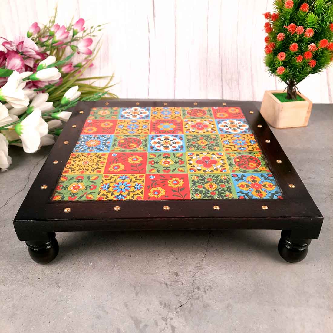 Wooden Chowki with Ceramic Tiles - For Pooja, Sitting & Home Decor - Apkamart #Size_12 Inch