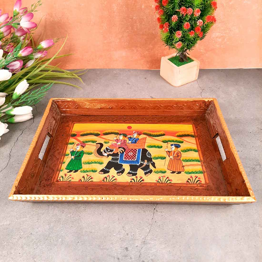 Serving Wooden Tray | Decorative Tray - for Kitchen, Serving & Gifting - 13 Inch - Apkamart#Style_Pack of 1
