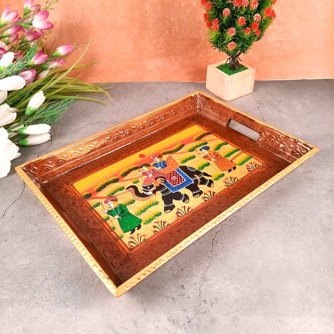 Serving Wooden Tray | Decorative Tray - for Kitchen, Serving & Gifting - 13 Inch - Apkamart#Style_Pack of 1