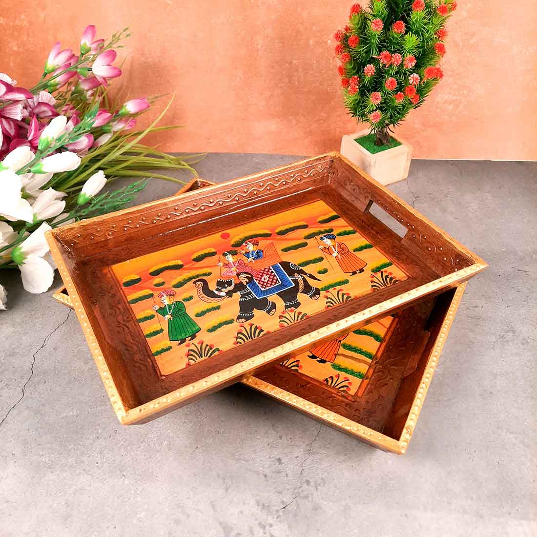 Serving Wooden Tray | Decorative Tray - for Kitchen, Serving & Gifting - 13 Inch - Apkamart#Style_Pack of 2
