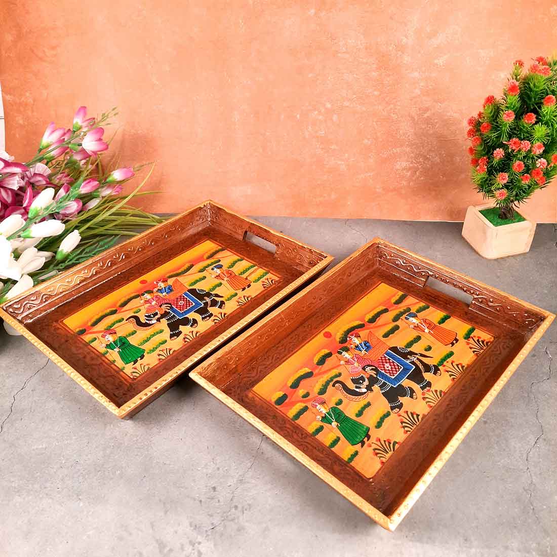Serving Wooden Tray | Decorative Tray - for Kitchen, Serving & Gifting - 13 Inch - Apkamart#Style_Pack of 2