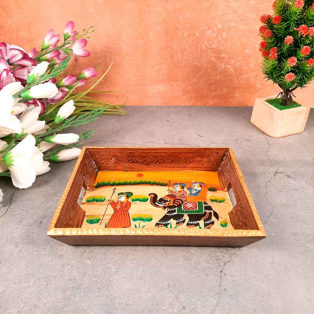 Decorative Tray | Wooden Serving Tray - For Tea & Snack Serving and Organising - 9 Inch - Apkamart#Style_Pack of 3