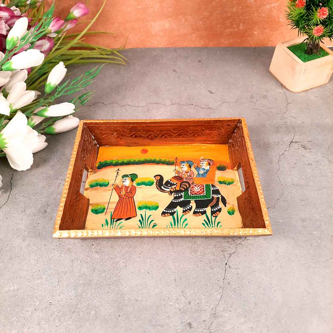 Decorative Tray | Wooden Serving Tray - For Tea & Snack Serving and Organising - 9 Inch - Apkamart#Style_Pack of 1