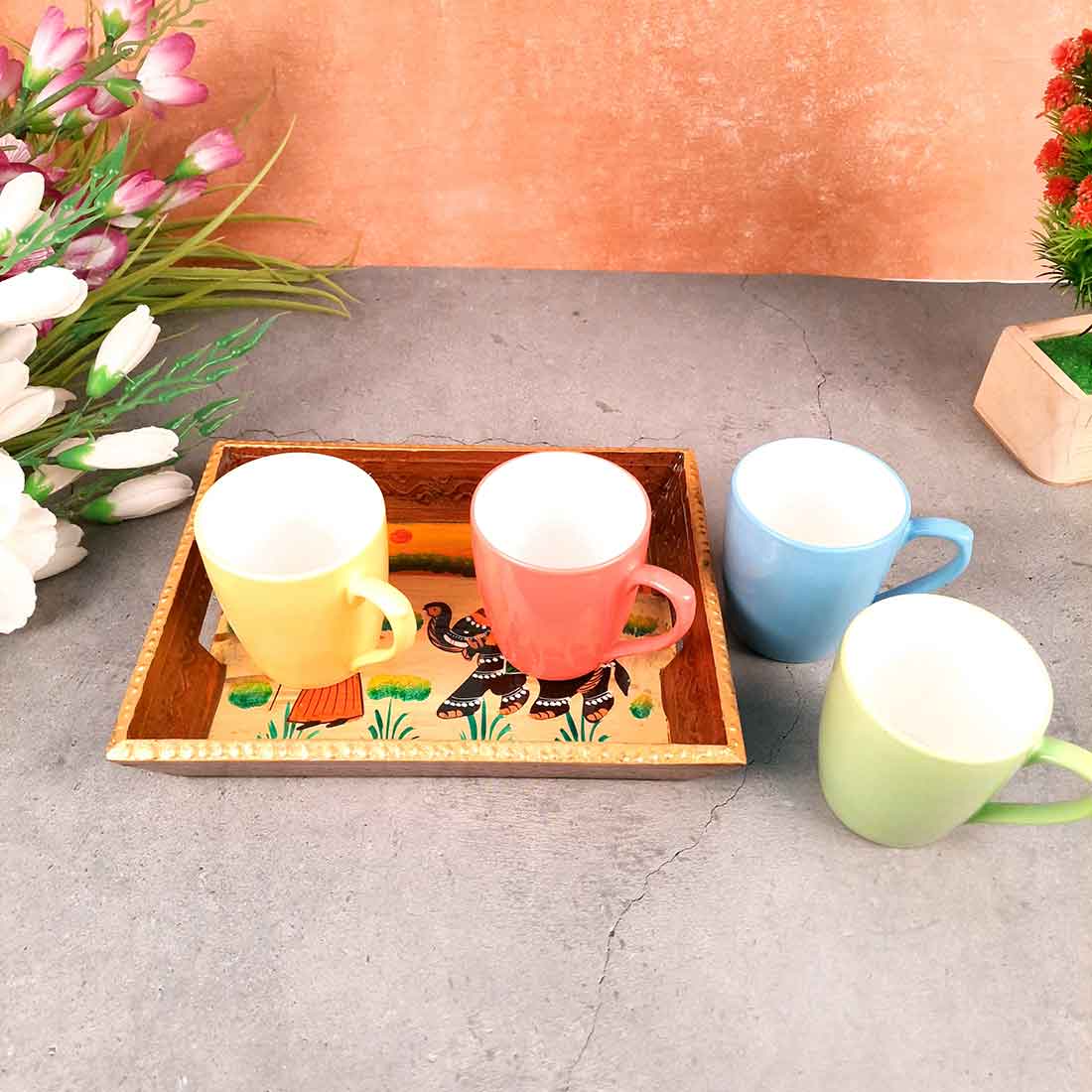 Decorative Tray | Wooden Serving Tray - For Tea & Snack Serving and Organising - 9 Inch - Apkamart#Style_Pack of 1