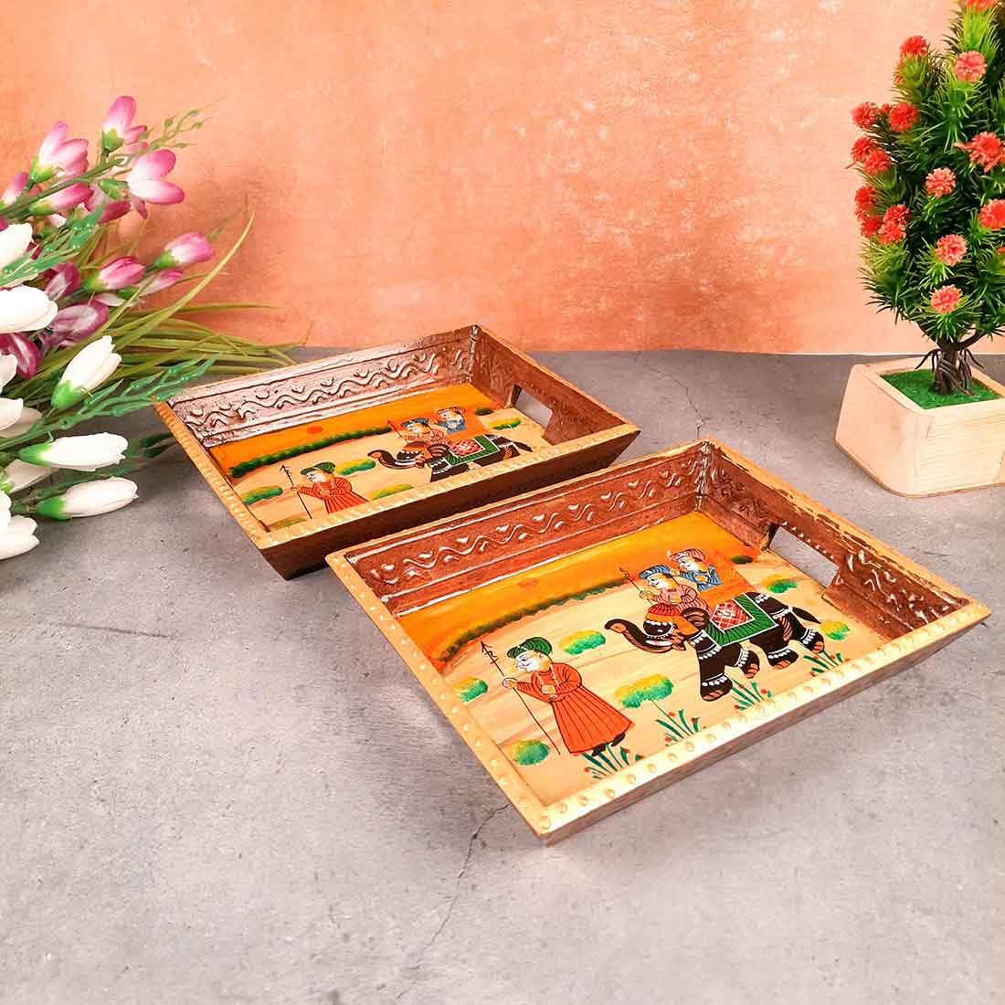 Decorative Tray | Wooden Serving Tray - For Tea & Snack Serving and Organising - 9 Inch - Apkamart#Style_Pack of 2