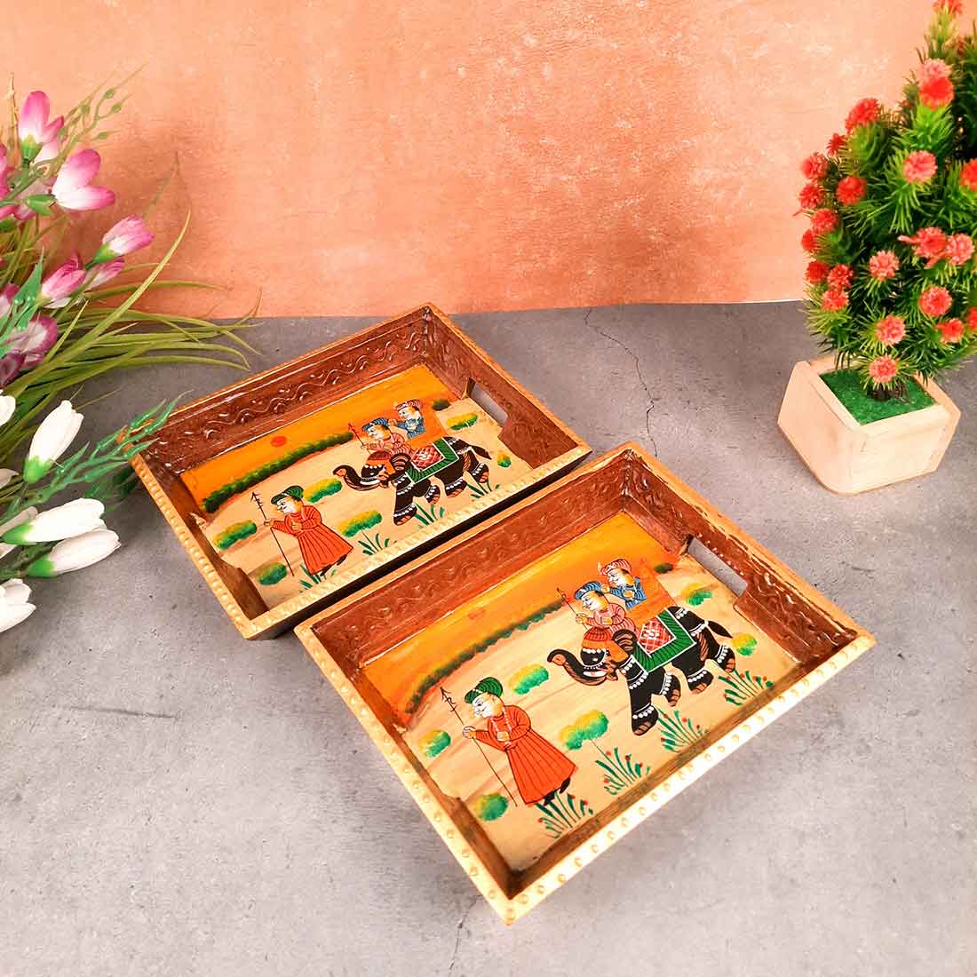 Decorative Tray | Wooden Serving Tray - For Tea & Snack Serving and Organising - 9 Inch - Apkamart#Style_Pack of 2