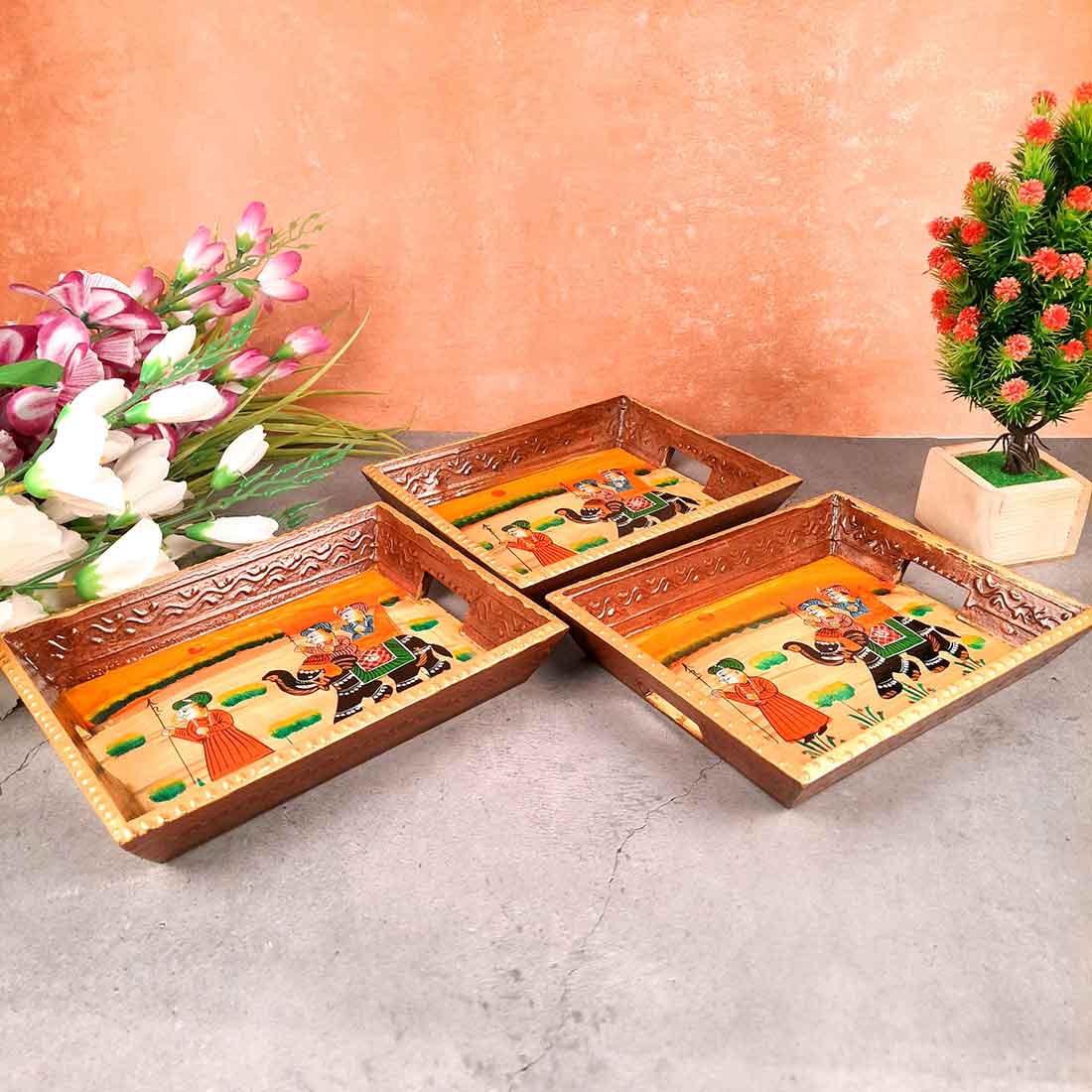 Decorative Tray | Wooden Serving Tray - For Tea & Snack Serving and Organising - 9 Inch - Apkamart#Style_Pack of 3