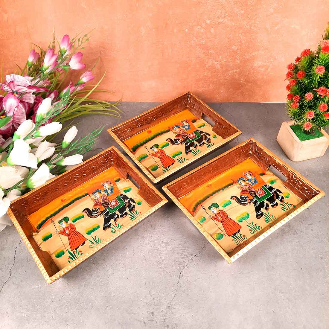 Decorative Tray | Wooden Serving Tray - For Tea & Snack Serving and Organising - 9 Inch - Apkamart#Style_Pack of 3