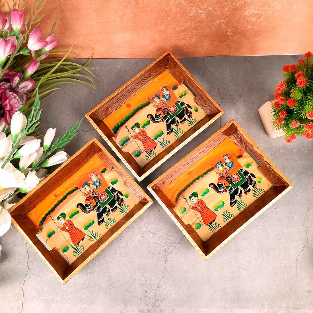 Decorative Tray | Wooden Serving Tray - For Tea & Snack Serving and Organising - 9 Inch - Apkamart#Style_Pack of 3