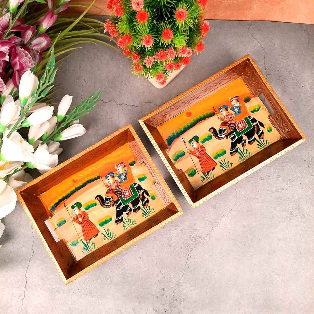 Decorative Tray | Wooden Serving Tray - For Tea & Snack Serving and Organising - 9 Inch - Apkamart#Style_Pack of 2