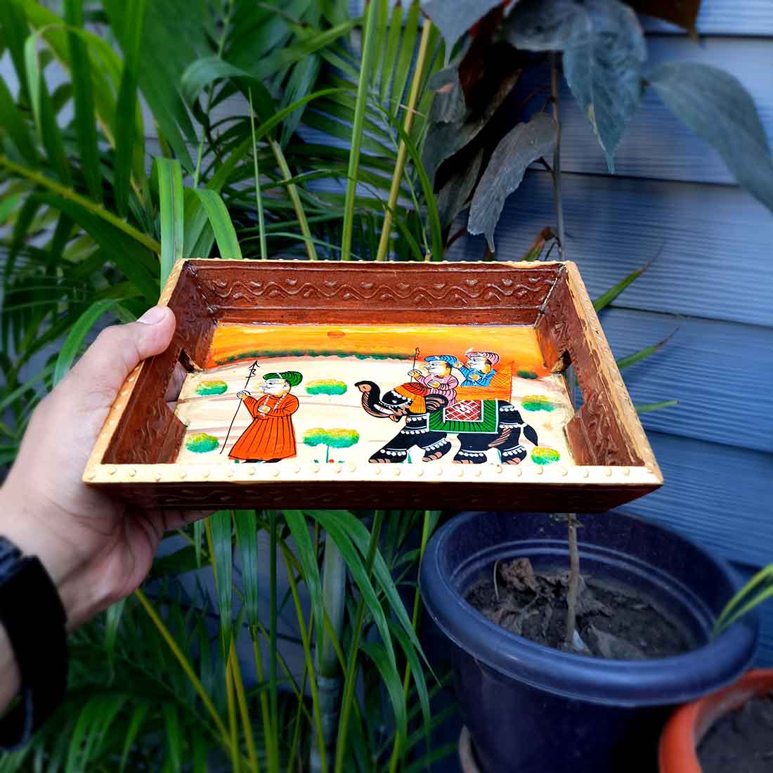 Decorative Tray | Wooden Serving Tray - For Tea & Snack Serving and Organising - 9 Inch - Apkamart#Style_Pack of 3