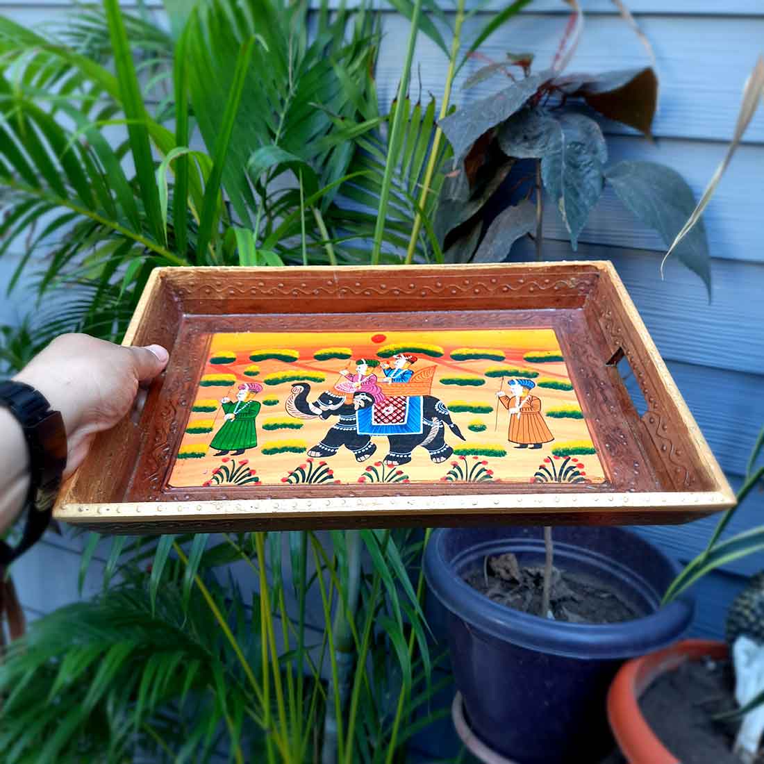 Serving Wooden Tray | Decorative Tray - for Kitchen, Serving & Gifting - 13 Inch - Apkamart#Style_Pack of 2