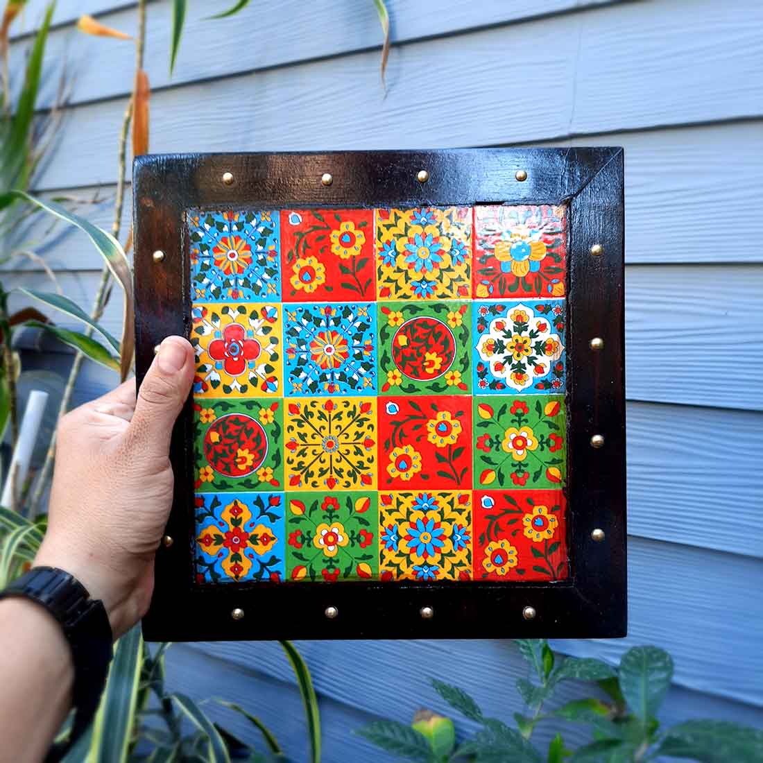 Wooden Chowki with Ceramic Tiles - For Pooja, Sitting & Home Decor - Apkamart #Size_10 Inch