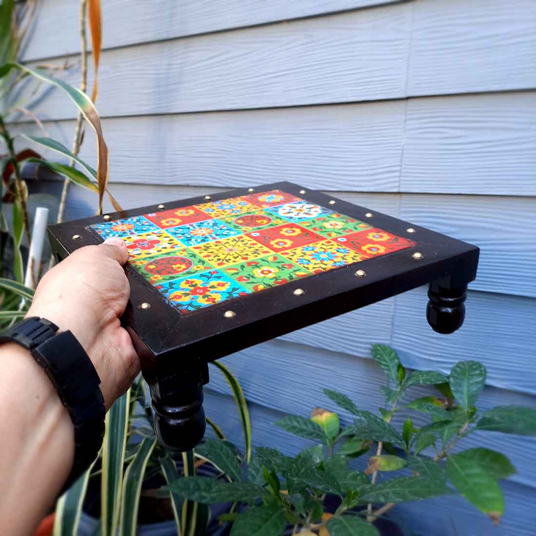 Wooden Chowki with Ceramic Tiles - For Pooja, Sitting & Home Decor - Apkamart #Size_10 Inch