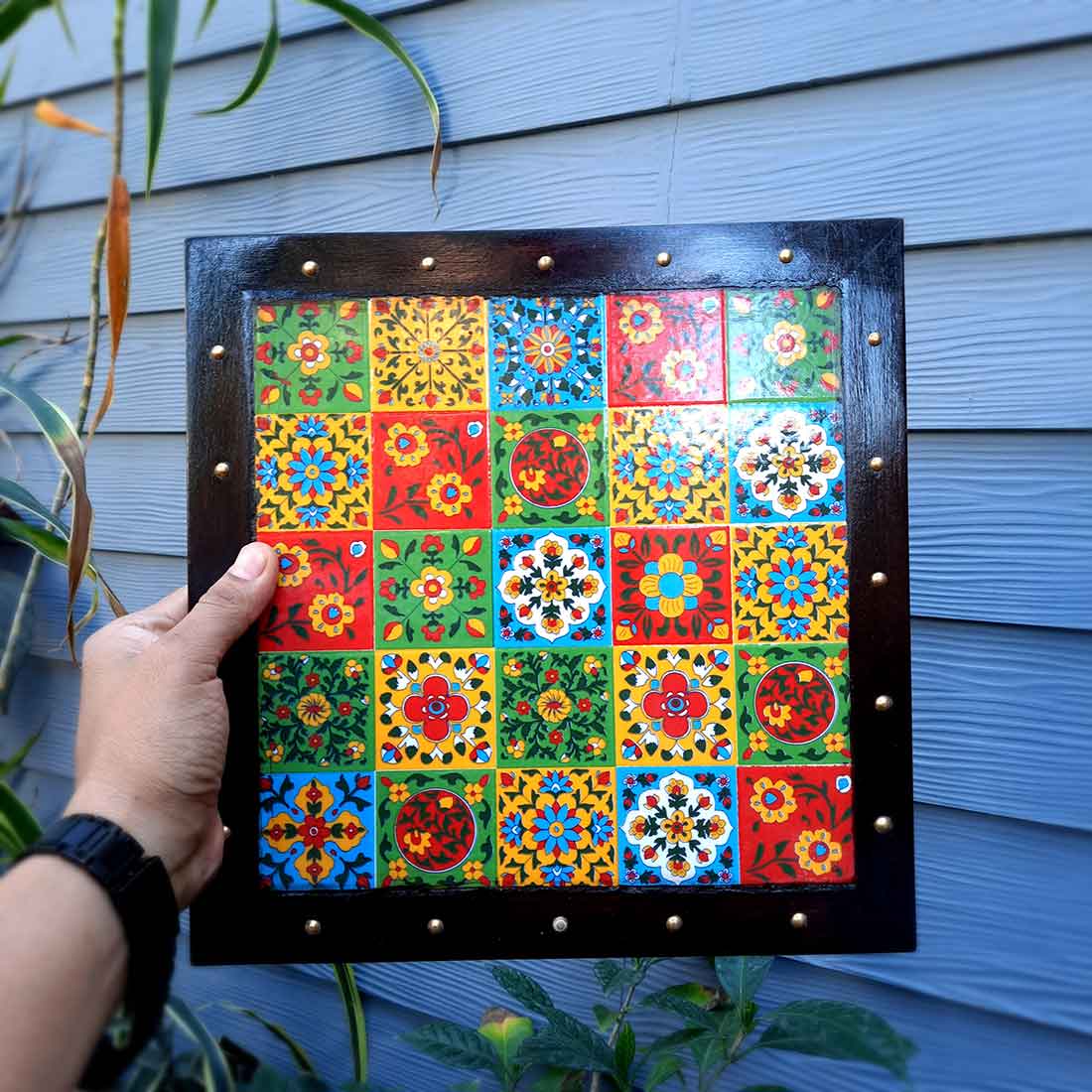 Wooden Chowki with Ceramic Tiles - For Pooja, Sitting & Home Decor - Apkamart #Size_12 Inch