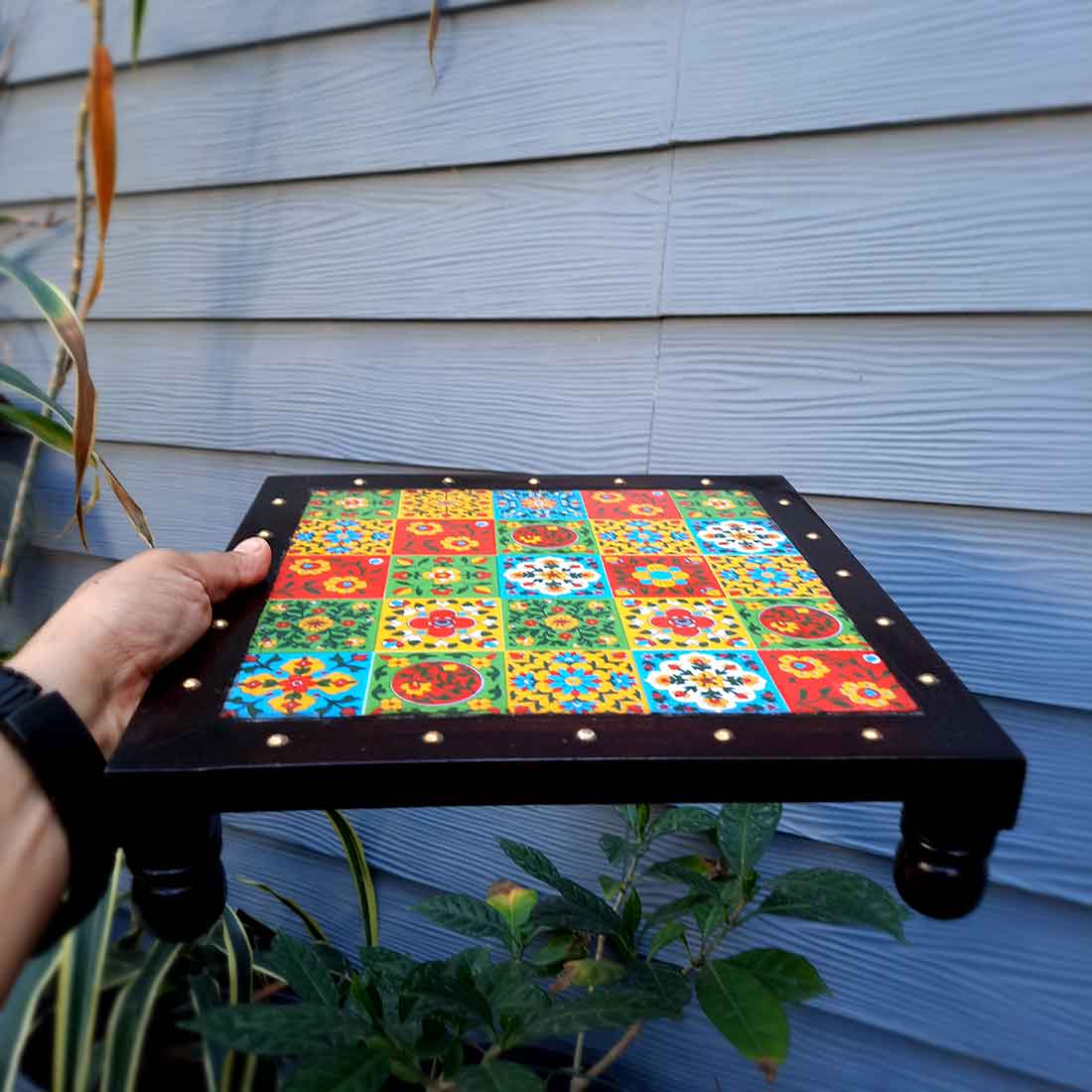 Wooden Chowki with Ceramic Tiles - For Pooja, Sitting & Home Decor - Apkamart #Size_12 Inch