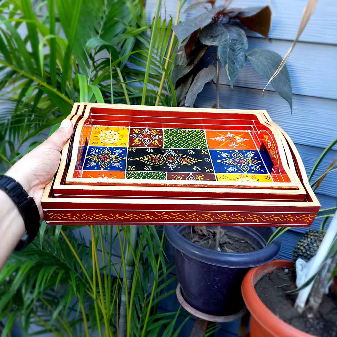 Wooden Serving Tray Set | Tea Serving Trays - For Kitchen, Dining Table & Gifts - Apkamart