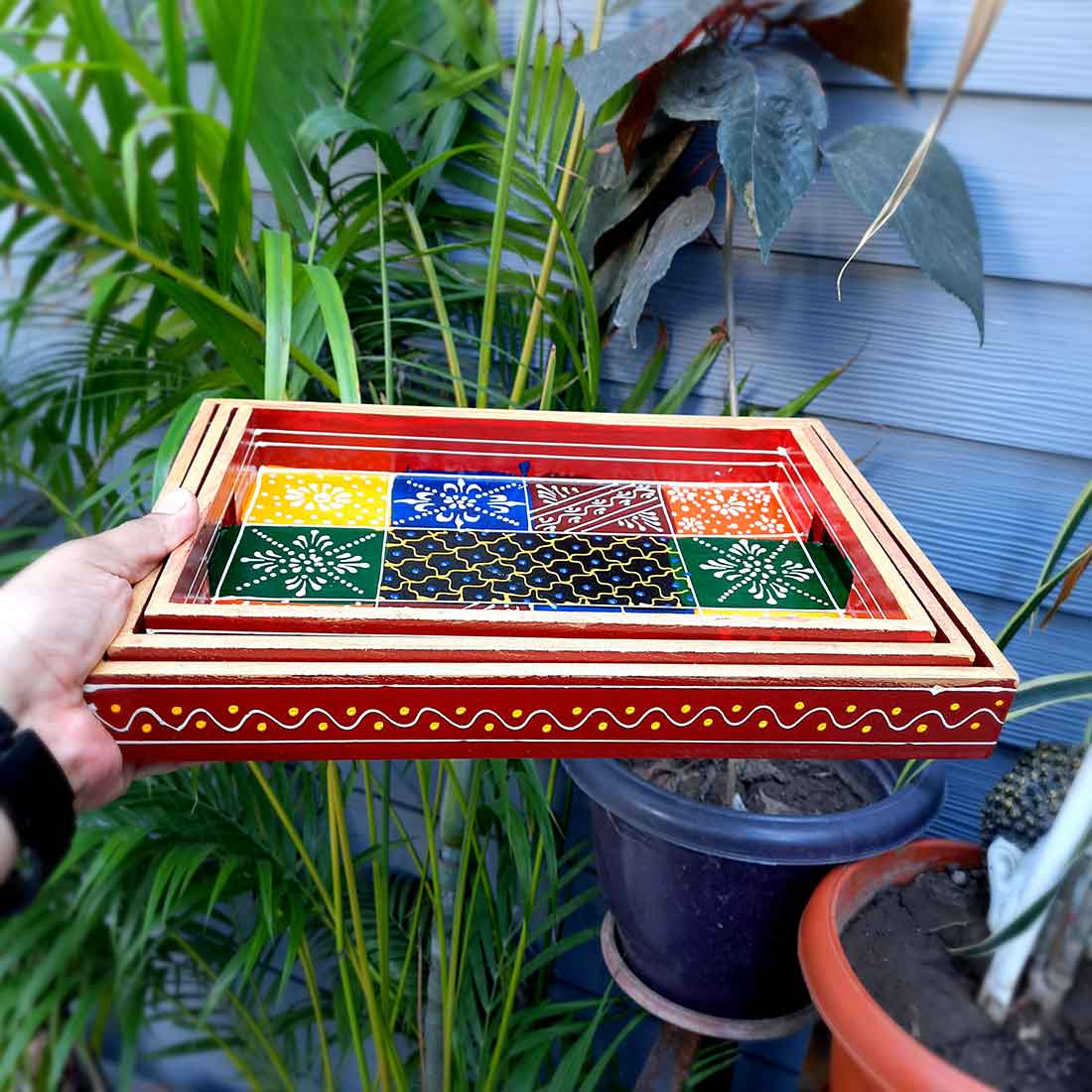 Wooden Serving Tray Set | Tea & Snack Serving Tray - For Serving & Table Decor -Apkamart