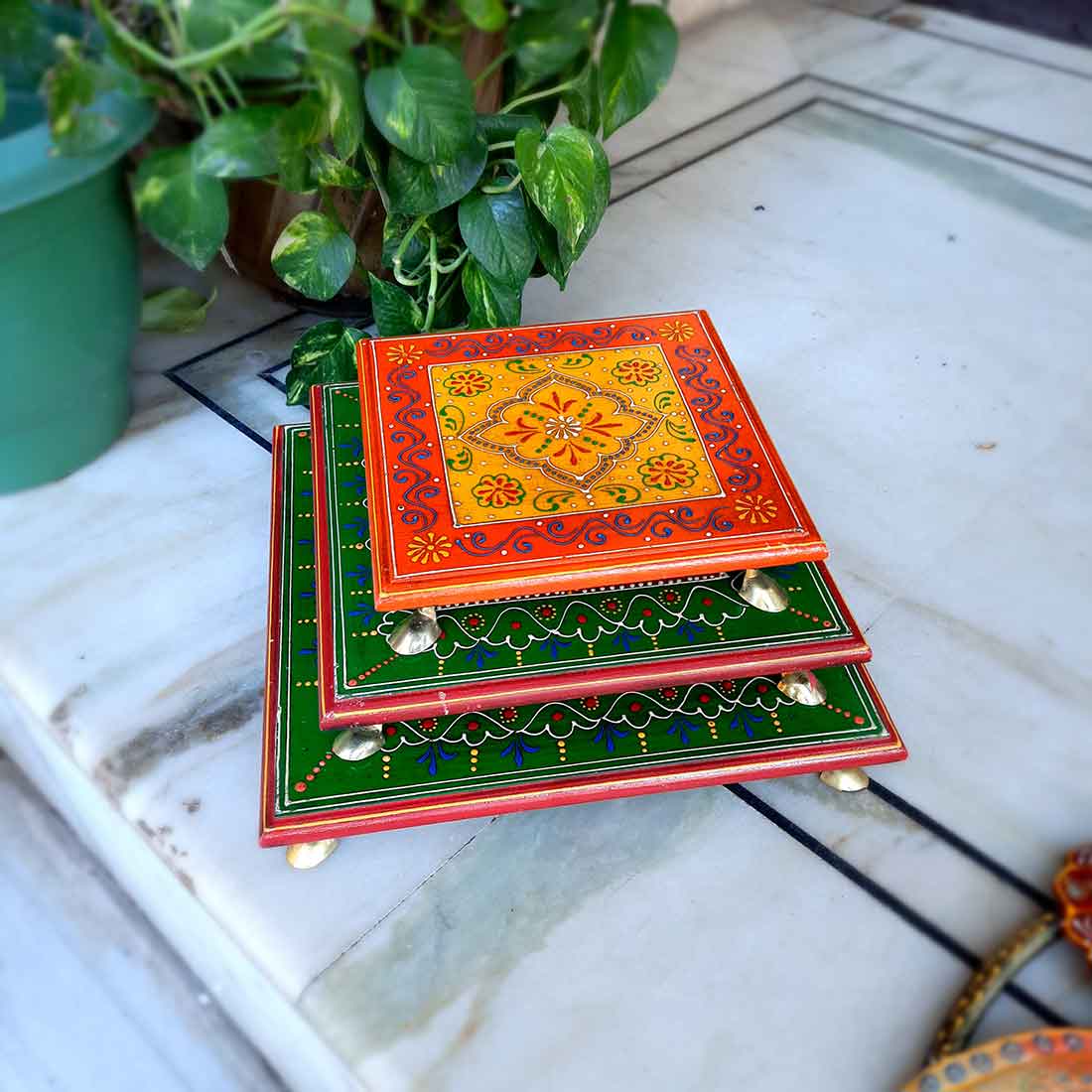 Wooden Pooja Bajot - Decorative Choki For Pooja & Festivals - 8,10 & 12 Inch- Set of 3 - Apkamart#color_Multicolor