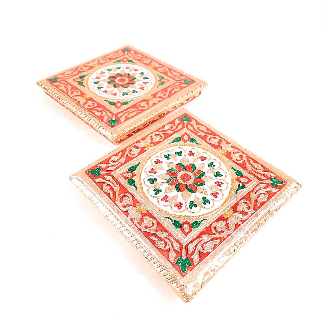 Pooja Chowki Bajot | Minakari Chauki Set - For Pooja, Weddings & Festivals (Pack of 2) - 8 Inch - Apkamart #Style_Design 1