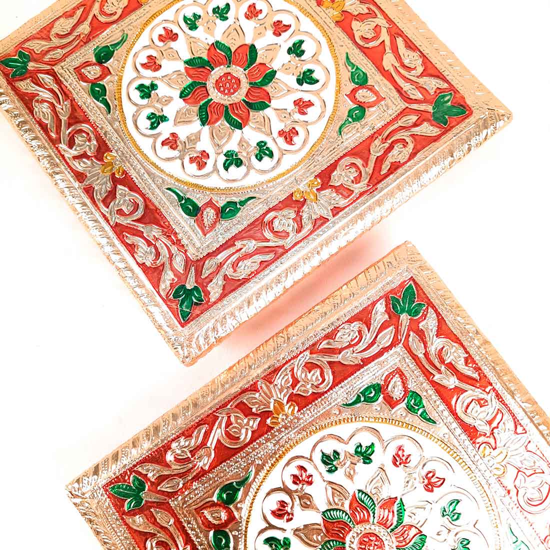 Pooja Chowki Bajot | Minakari Chauki Set - For Pooja, Weddings & Festivals (Pack of 2) - 8 Inch - Apkamart #Style_Design 1