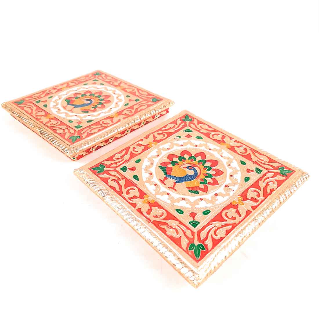 Pooja Chowki Bajot | Minakari Chauki Set - For Pooja, Weddings & Festivals (Pack of 2) - 8 Inch - Apkamart #Style_Design 2