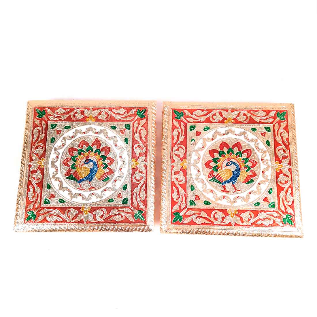 Pooja Chowki Bajot | Minakari Chauki Set - For Pooja, Weddings & Festivals (Pack of 2) - 8 Inch - Apkamart #Style_Design 2