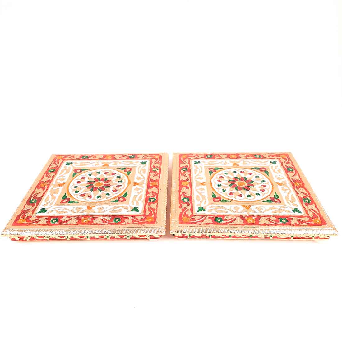 Pooja Chowki Bajot | Minakari Chauki Set - For Pooja, Weddings & Festivals (Pack of 2) 10 Inch - Apkamart #Style_Design 1