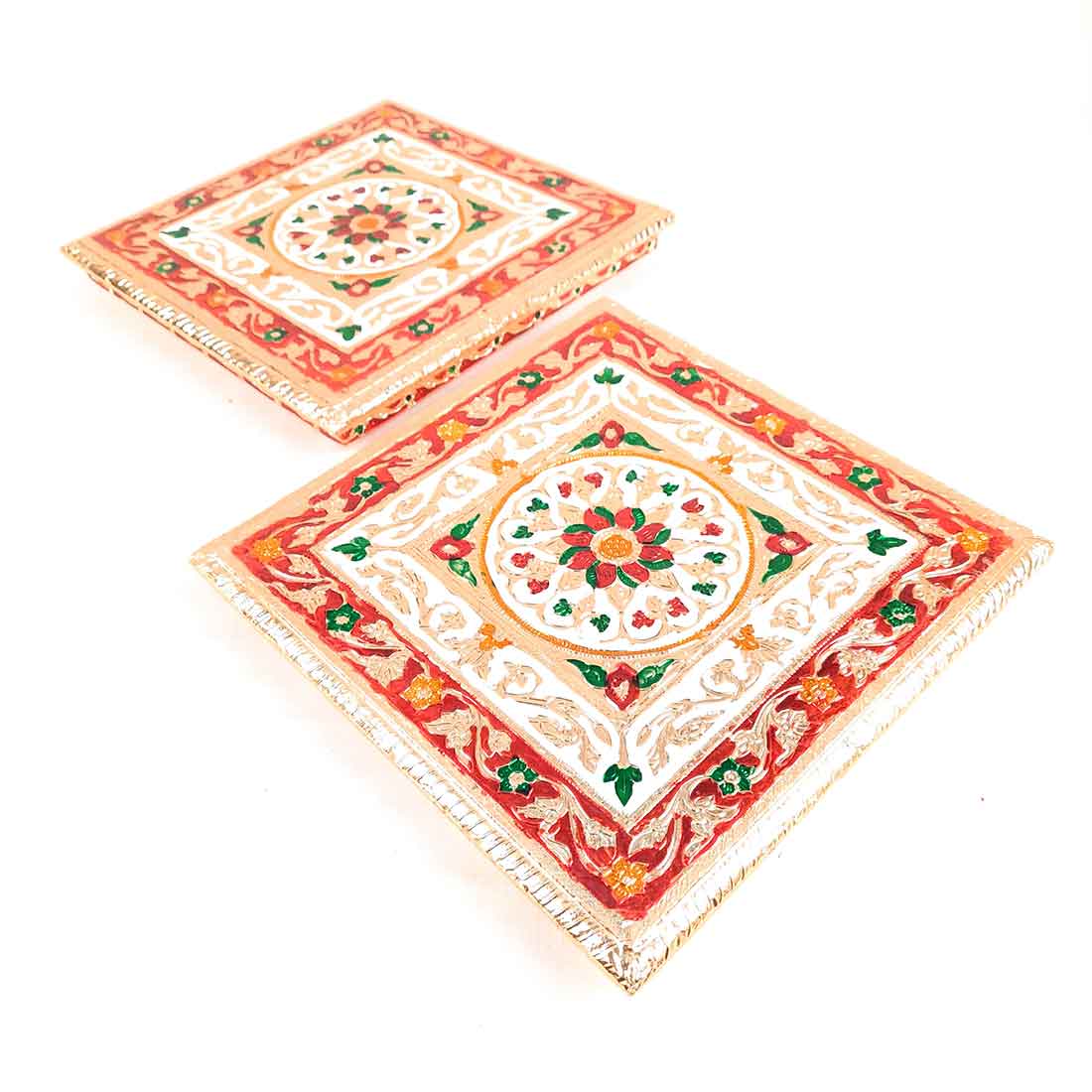 Pooja Chowki Bajot | Minakari Chauki Set - For Pooja, Weddings & Festivals (Pack of 2) 10 Inch - Apkamart #Style_Design 1