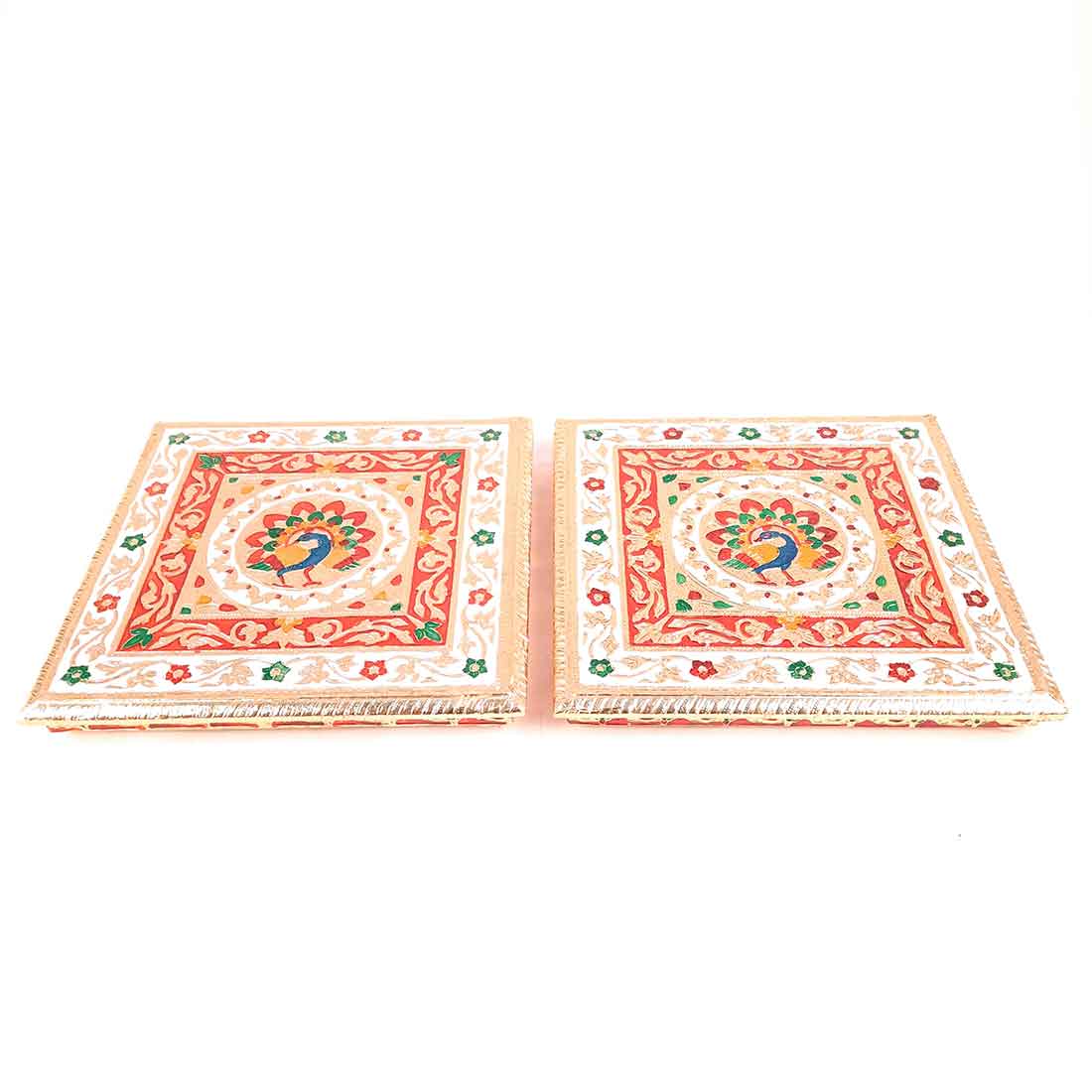 Pooja Chowki Bajot | Minakari Chauki Set - For Pooja, Weddings & Festivals (Pack of 2) 10 Inch - Apkamart #Style_Design 2