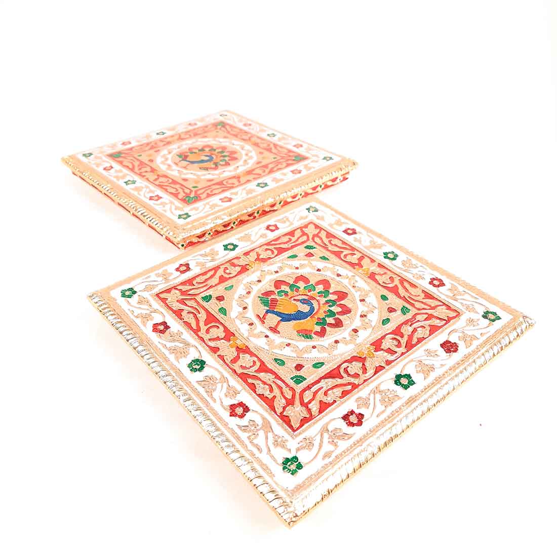 Pooja Chowki Bajot | Minakari Chauki Set - For Pooja, Weddings & Festivals (Pack of 2) 10 Inch - Apkamart #Style_Design 2