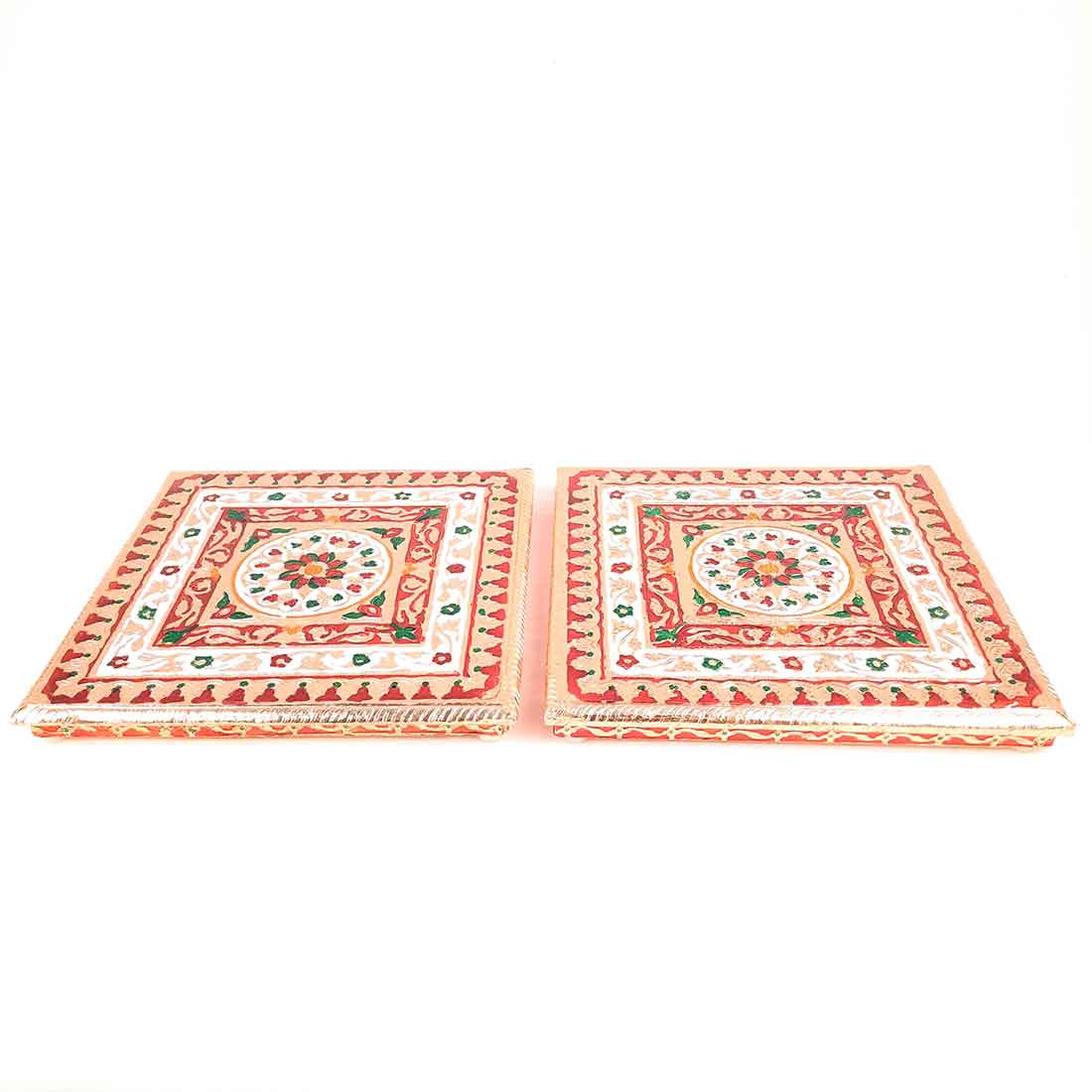 Pooja Chowki Bajot | Minakari Chauki Set - For Pooja, Weddings & Festivals (Pack of 2) 12 Inch - Apkamart #Style_Design 1