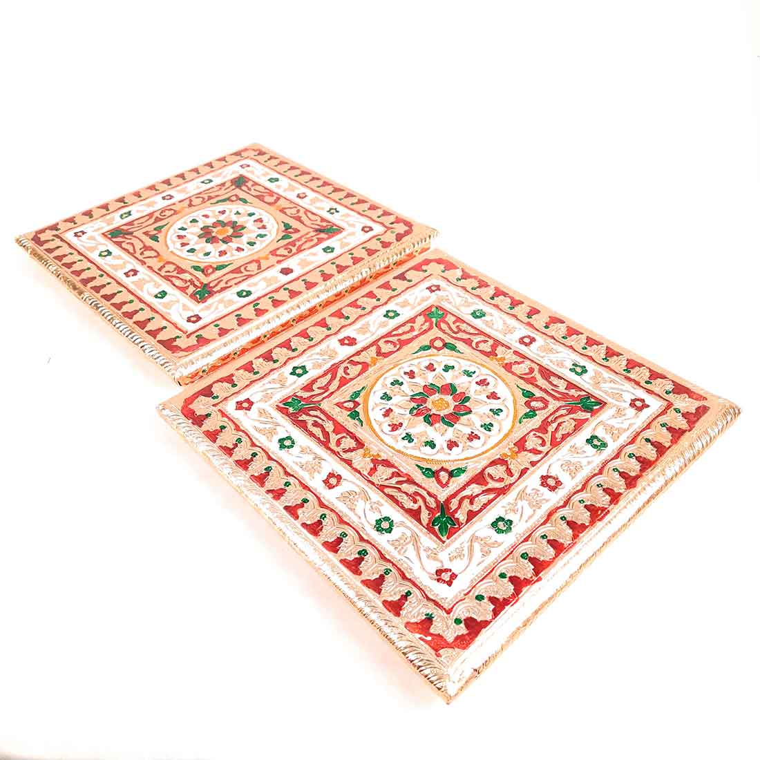 Pooja Chowki Bajot | Minakari Chauki Set - For Pooja, Weddings & Festivals (Pack of 2) 12 Inch - Apkamart #Style_Design 1