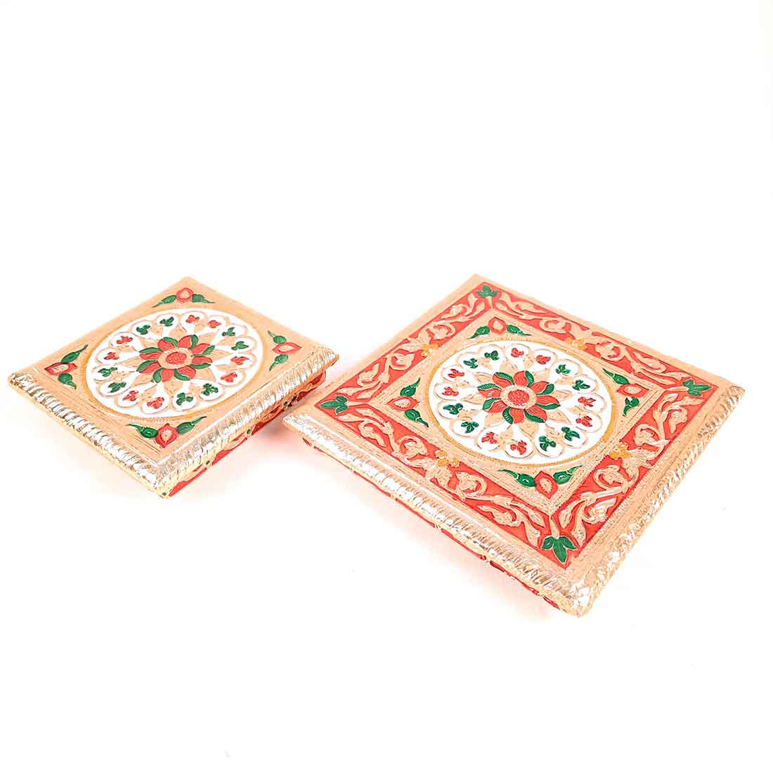 Minakari Puja Chowki - Set of 2 Bajot - 6 Inch & 8 Inch - ApkaMart #Style_Design 2