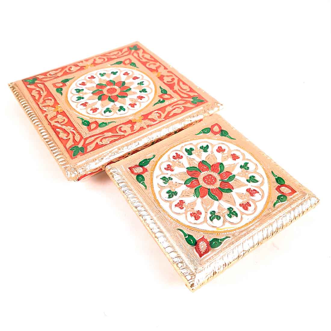 Minakari Puja Chowki - Set of 2 Bajot - 6 Inch & 8 Inch - ApkaMart #Style_Design 2