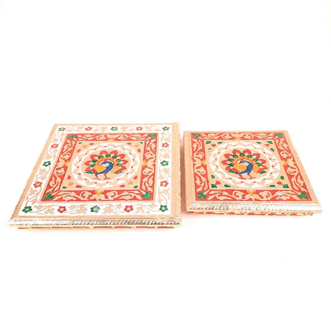 Puja Choki | Minakari Chowki Set | Decorative Bajot - For Pooja & Festivals - Set of 2 (8 Inch , 10 Inch) - ApkaMart #Style_Design 2