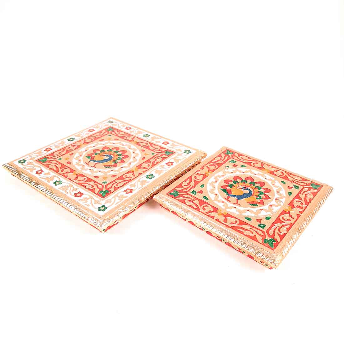 Puja Choki | Minakari Chowki Set | Decorative Bajot - For Pooja & Festivals - Set of 2 (8 Inch , 10 Inch) - ApkaMart #Style_Design 2