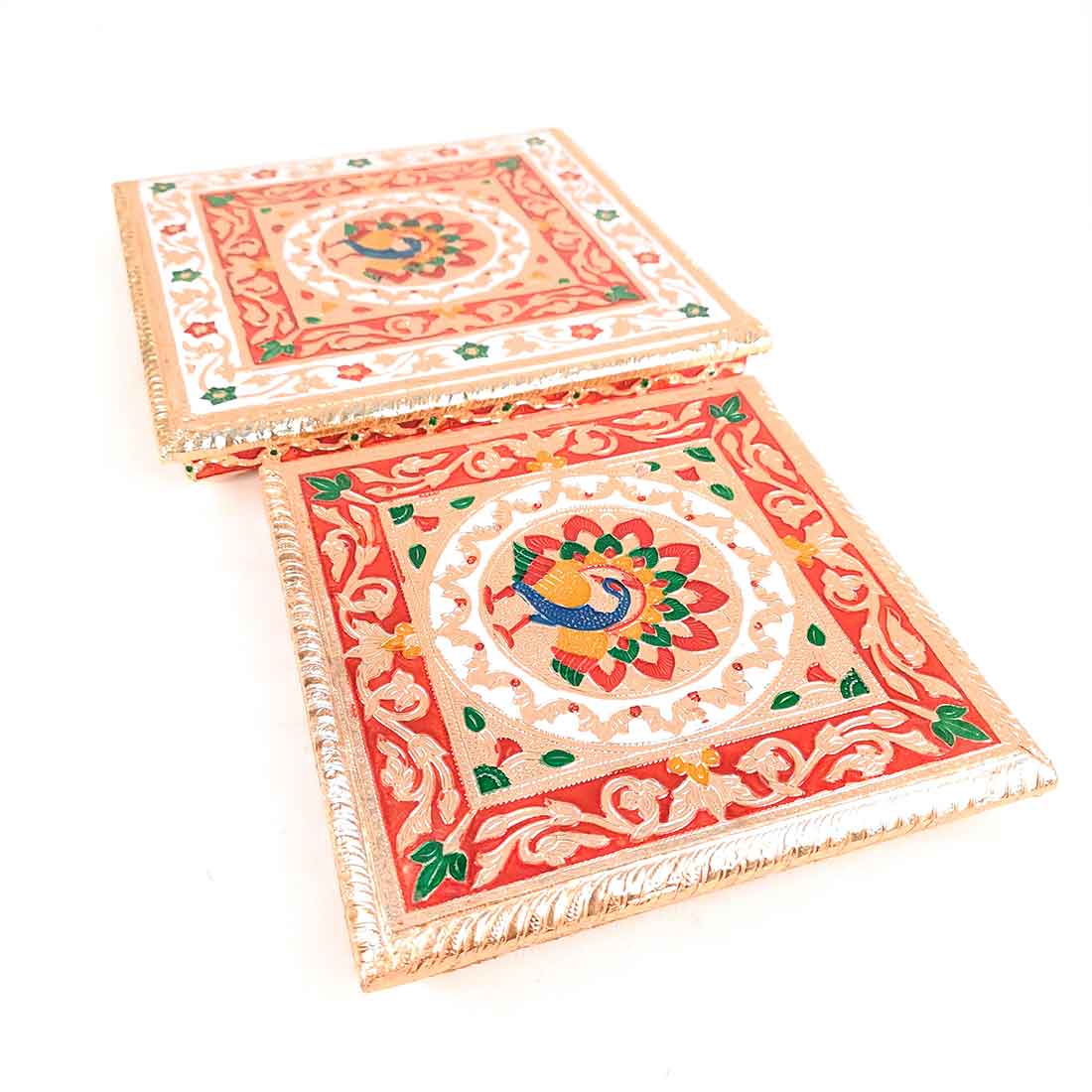 Puja Choki | Minakari Chowki Set | Decorative Bajot - For Pooja & Festivals - Set of 2 (8 Inch , 10 Inch) - ApkaMart #Style_Design 2