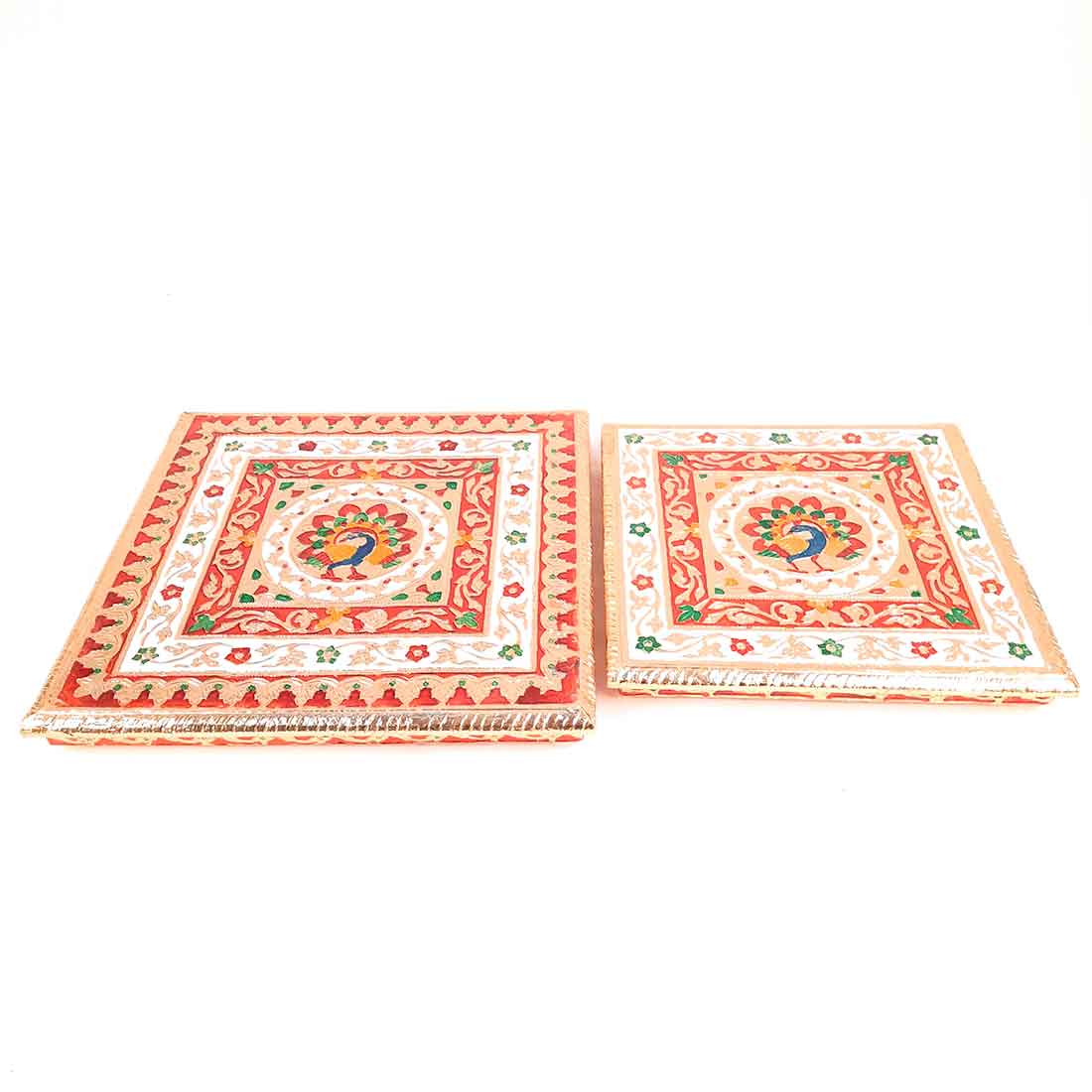 Wooden Pooja Bajot - Minakari Chauki Set - For Pooja, Weddings & Festivals -Set of 2 (10 Inch & 12 Inch) - ApkaMart #Style_Design 2