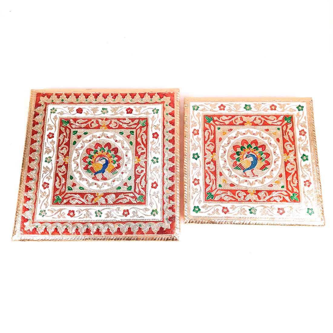 Wooden Pooja Bajot - Minakari Chauki Set - For Pooja, Weddings & Festivals -Set of 2 (10 Inch & 12 Inch) - ApkaMart #Style_Design 2