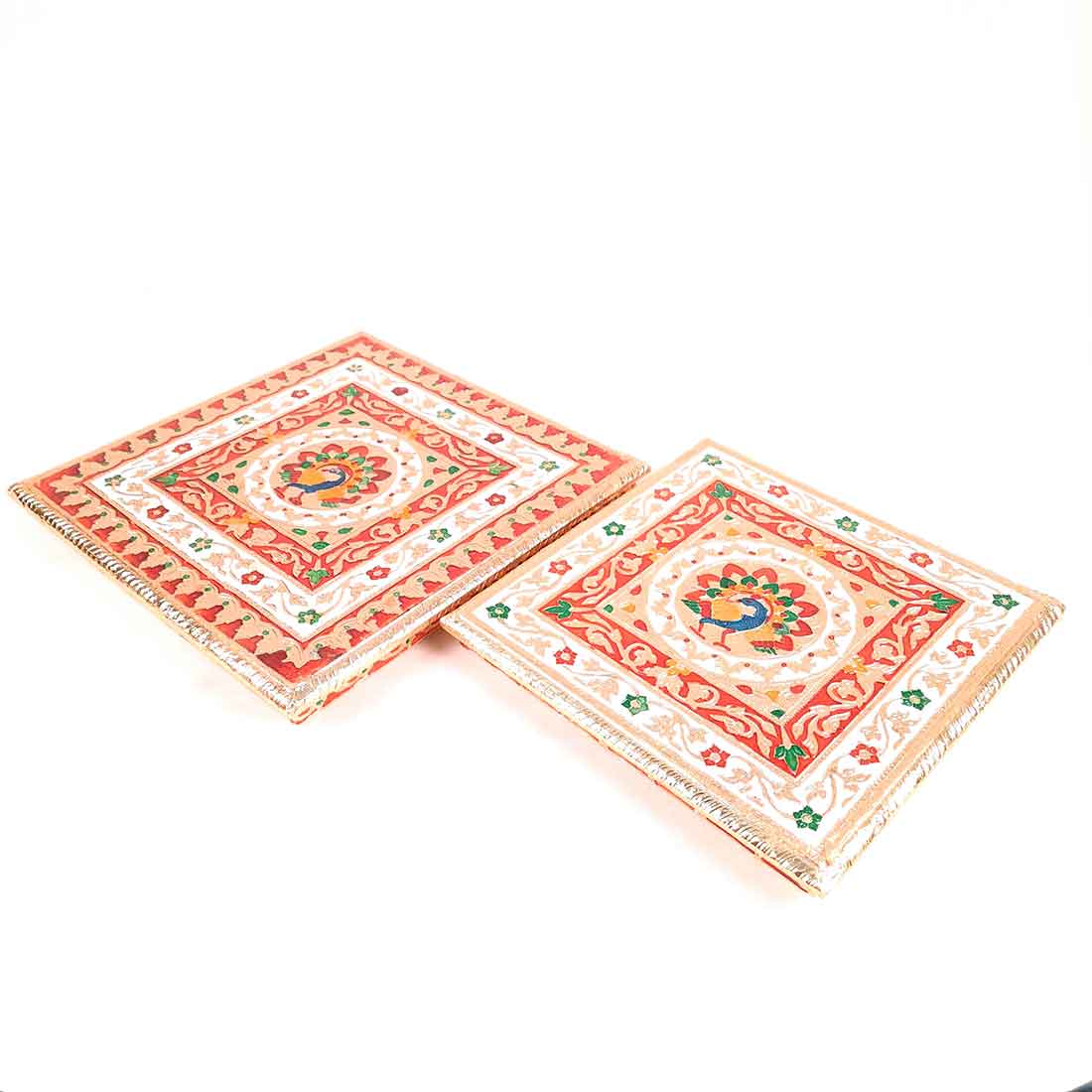 Wooden Pooja Bajot - Minakari Chauki Set - For Pooja, Weddings & Festivals -Set of 2 (10 Inch & 12 Inch) - ApkaMart #Style_Design 2