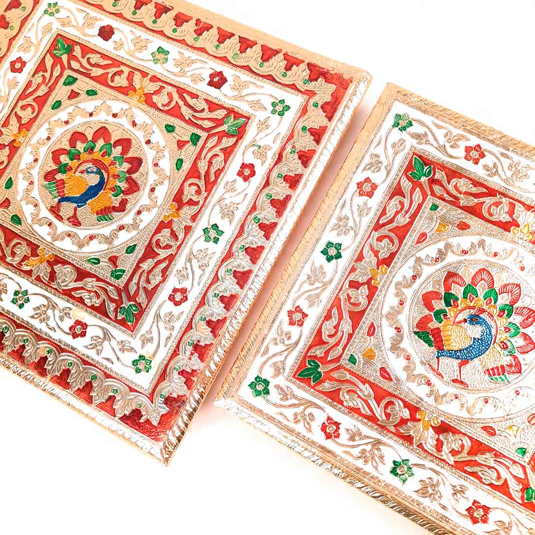 Wooden Pooja Bajot - Minakari Chauki Set - For Pooja, Weddings & Festivals -Set of 2 (10 Inch & 12 Inch) - ApkaMart #Style_Design 2