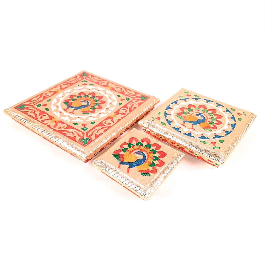 Pooja Chowki Bajot - Peacock Design - For For Pooja, Weddings & Festivals - Set of 3 - ApkaMart #Style_Design 2