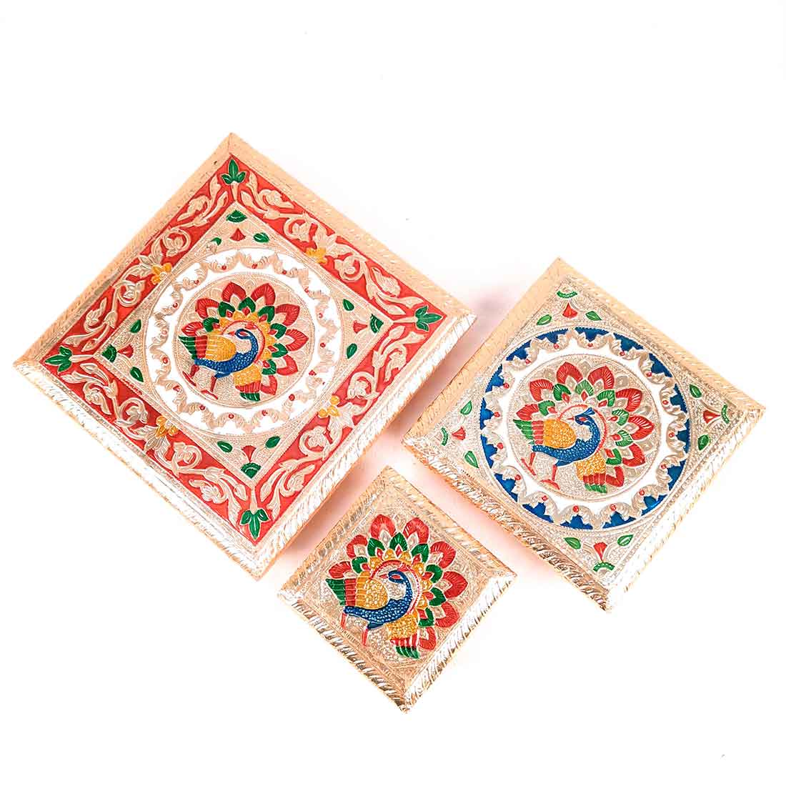 Pooja Chowki Bajot - Peacock Design - For For Pooja, Weddings & Festivals - Set of 3 - ApkaMart #Style_Design 2