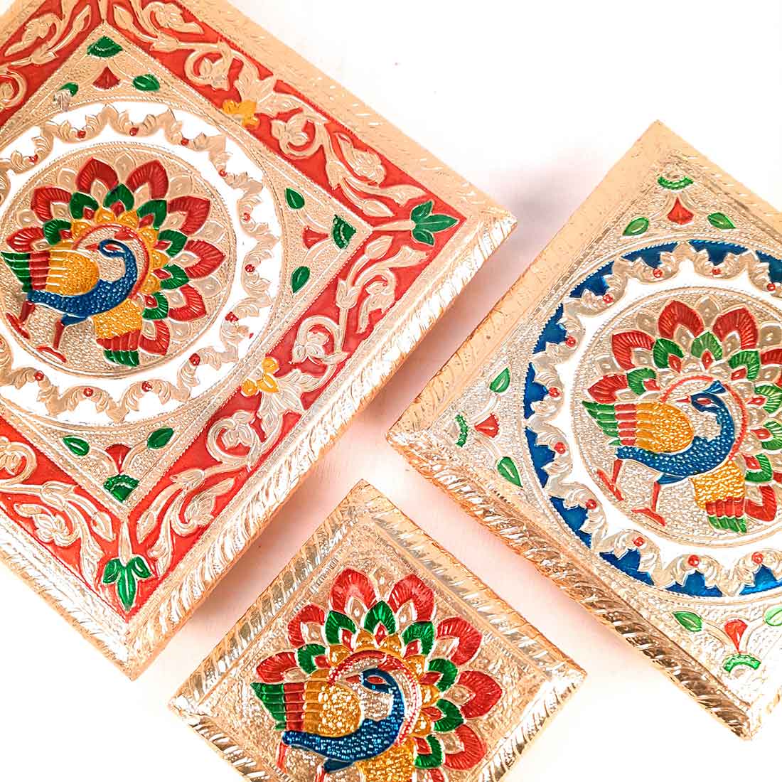 Pooja Chowki Bajot - Peacock Design - For For Pooja, Weddings & Festivals - Set of 3 - ApkaMart #Style_Design 2