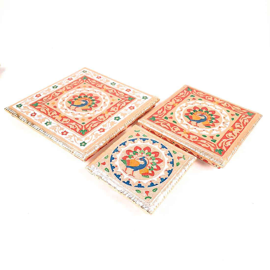 Pooja Chowki Bajot - Minakari Chowki Set - Set of 3 (6, Inch , 8 Inch, 10 Inch) - ApkaMart #Style_Design 2